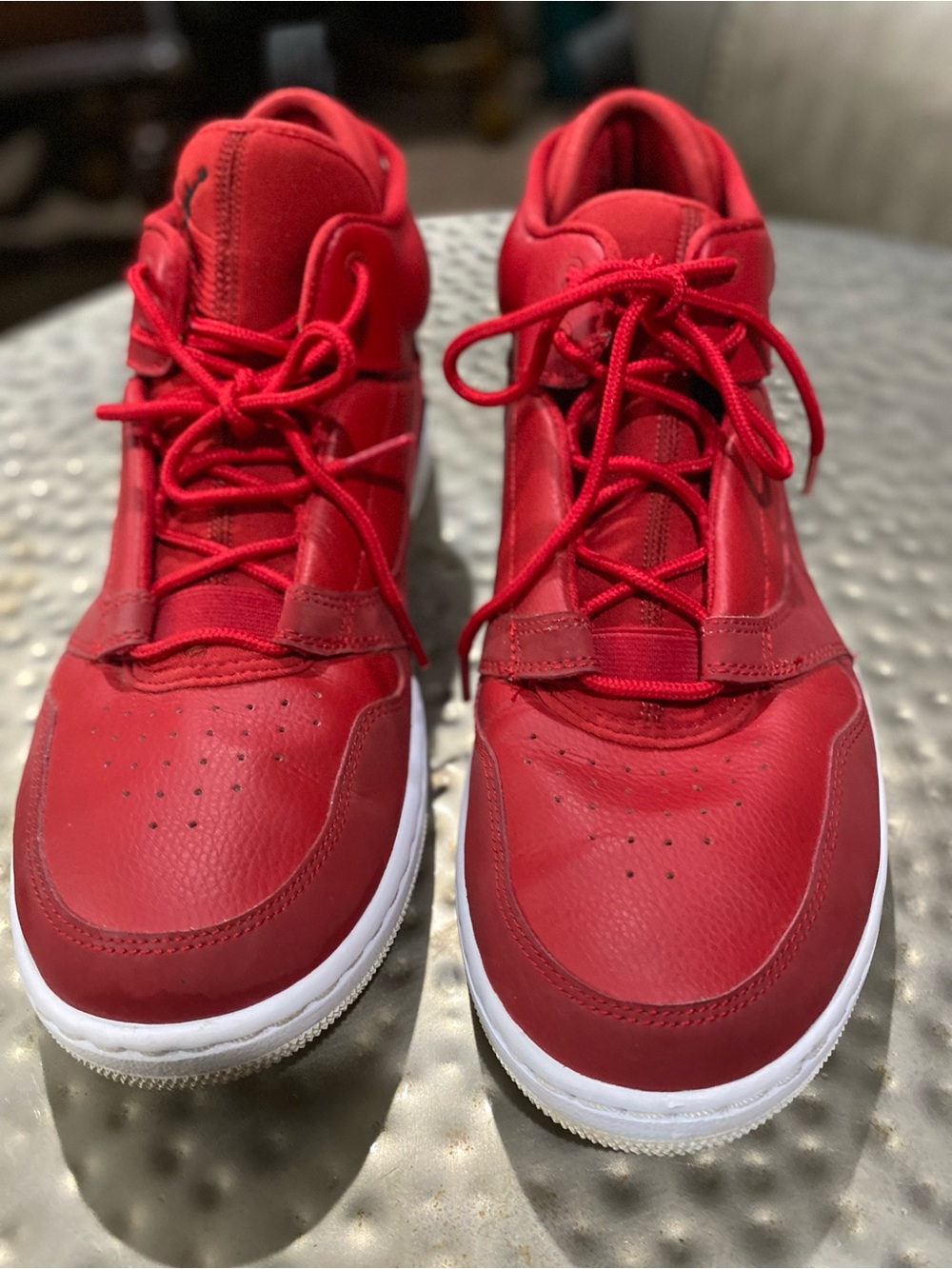 Jordan Red High-Top Sneaker with White Label Detail